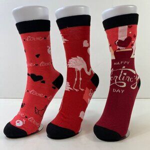 Womens Crew Socks Set 3 Valentines Day Flamingos Hearts Envelopes Red Black Pink